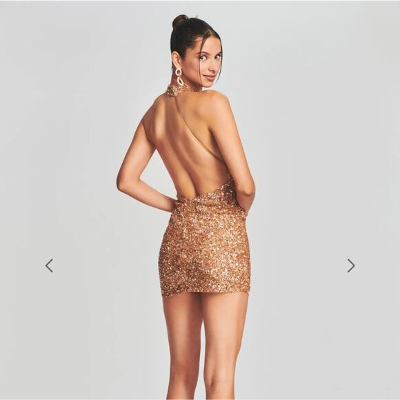 Retrofete Olivia Halter Sequin Mini Dress in Nude Halle Size XL NWOT Open Back - Picture 2 of 13